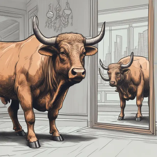 Bull market figure evaluating overbought status using RSI oscillator and Bollinger Band technical indicators