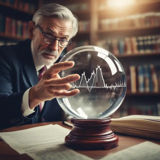 An investor analyzing P/E ratios in a crystal ball to evaluate potential overvalued stocks, surrounded by charts and market condition data.