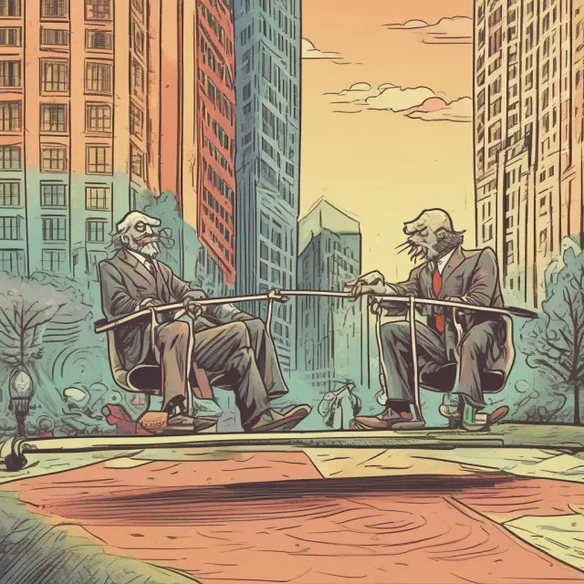 Institutional investors strategizing around overbought conditions, depicted as a seesaw market, with one investor selling for profits and another buying put options.