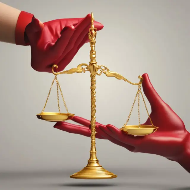 An image of golden scales balancing diverse assets while a red hand releases an overbought stock, symbolizing risk management and portfolio diversification.