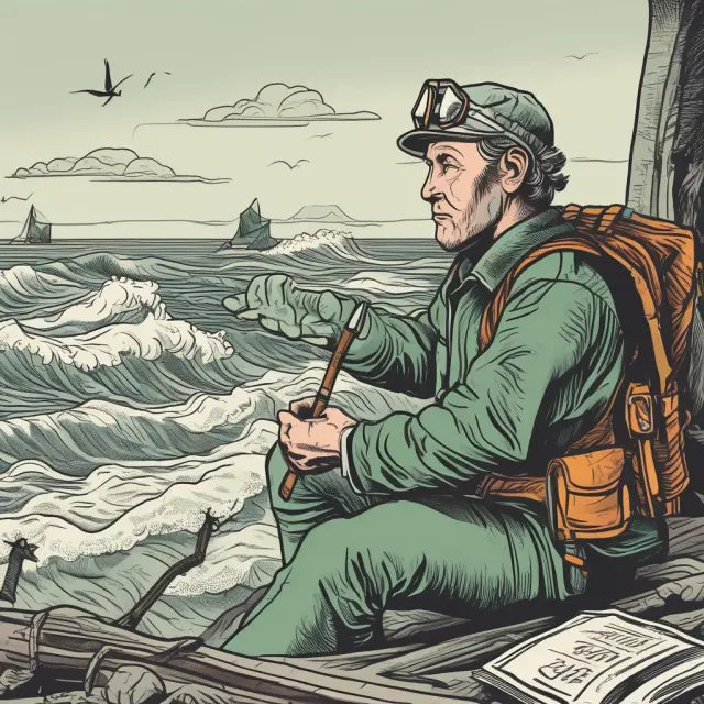 A wise investor steers a ship through the stock market sea, utilizing an RSI indicator chart to navigate overbought conditions and make informed decisions