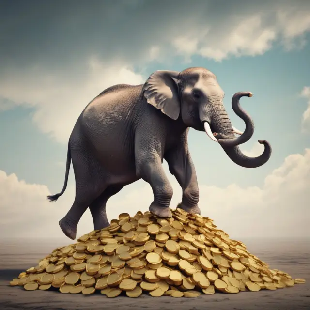 Struggling elephant carrying excessive gold coins representing the burden and challenges of company overcapitalization