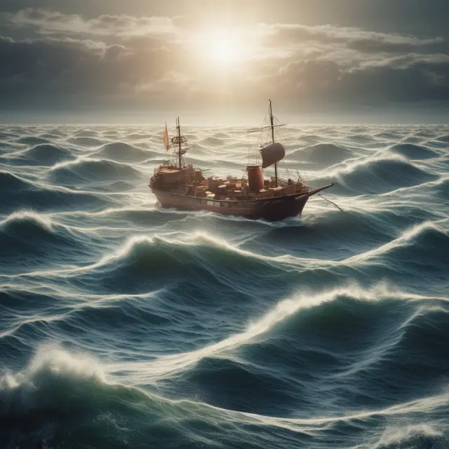 A vast ocean filled with various insurance policies, with one solitary ship representing the demand among numerous competitors
