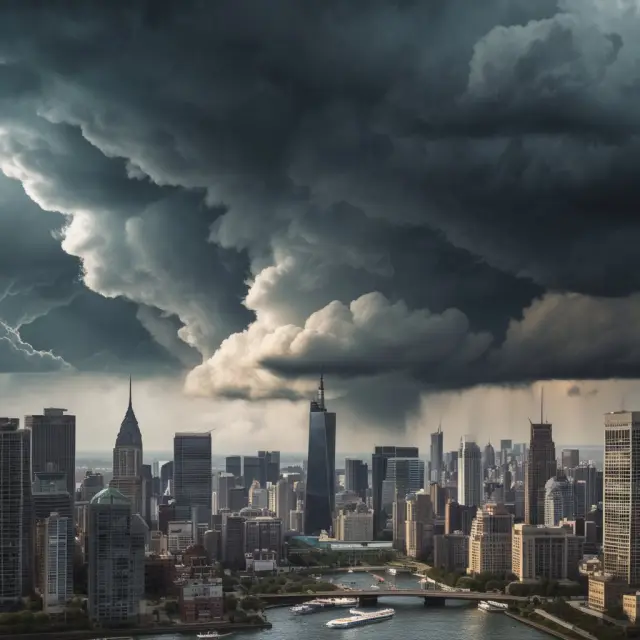 Storm cloud hovering above a city with skyscrapers, representing the consequences of inaccurate financial projections