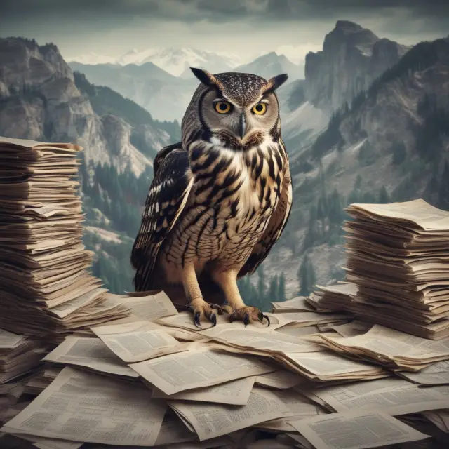 An wise owl scrutinizes historical data within a mound of financial reports to minimize overcasting risks and improve forecast accuracy