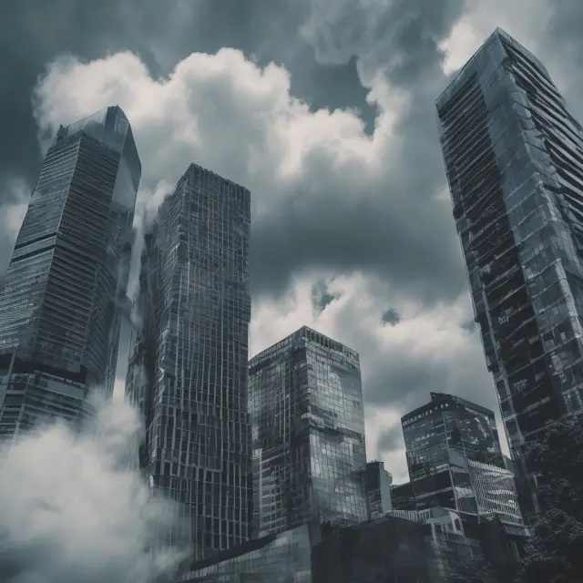 A cityscape filled with buildings representing companies is shrouded in gloomy clouds, signaling the risks and potential instability from consistently high financial overcasts