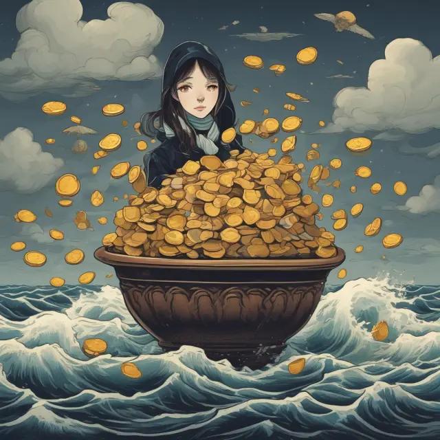 A protective lender with a bowl of gold coins, safeguarding against under-collateralized loans through over-collateralization.