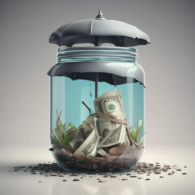 An umbrella with a banking logo shields a leaking jar, illustrating how banks cover financial shortages through overdraft protection.