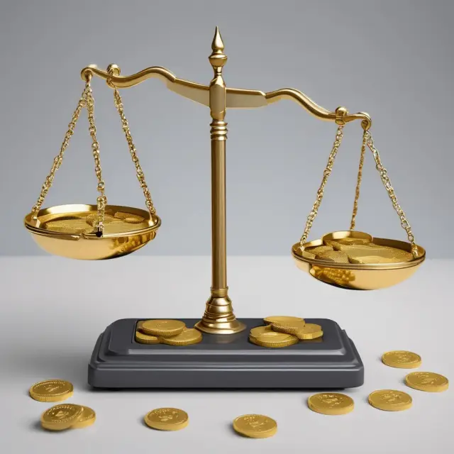 An institutional investor deliberates between gold coins symbolizing rewards and lead weights representing risks while examining various overdraft protection solutions.