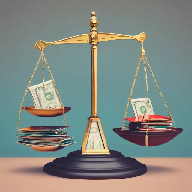 An unbalanced scale tilting towards excessive debt in the form of credit cards and bills.