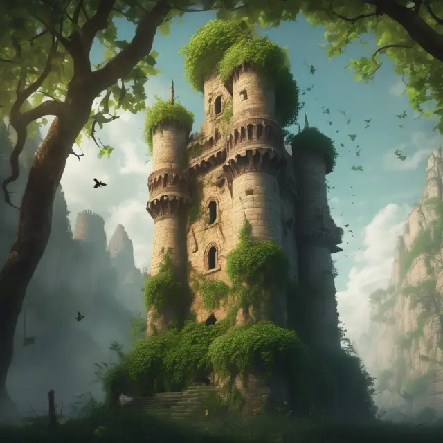 A fragile castle with vines representing debt and credit growing around it, illustrating financial instability from overextension.