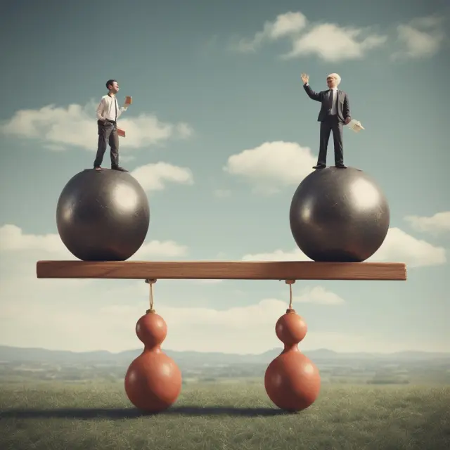 A wealthy individual and a cash-rich corporation in balance on a seesaw with debt balls, representing different forms of overextension