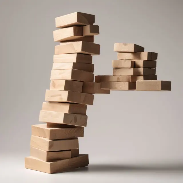 Jenga tower representing financial debts for consumers and corporations teetering on the brink of collapse.