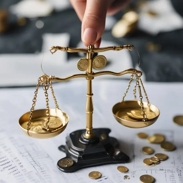 A person skillfully managing budgeting scales filled with gold coins, illustrating financial strategies for preventing overextension