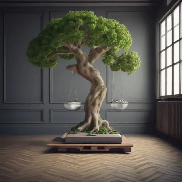 A person working out at a gym, surrounded by green money trees. The scale tilts towards the 