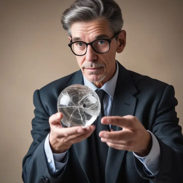 A university professor gazes into a cracked crystal ball, symbolizing an overfit graduation prediction model that fails to accurately predict new data