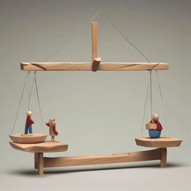 A balance atop a seesaw with various data sets representing financial scenarios. The balance illustrates the importance of ensuring model stability through data diversity and balanced models.