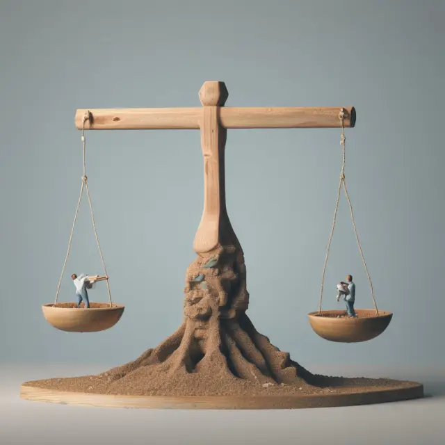 Seesaw represents balance between data and model complexity. Data points on one side, while model on the other.