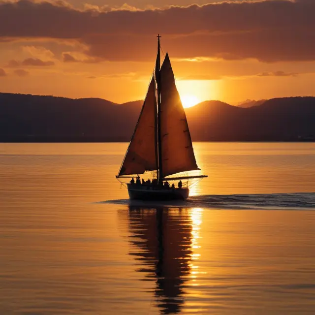A retiree on a gold-plated ship sailing peacefully into the sunset, symbolizing retirement security provided by pension plans.