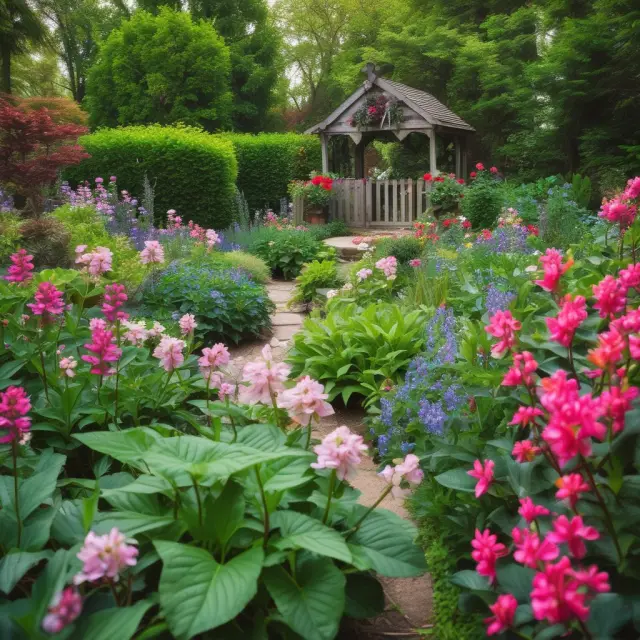 A thriving garden filled with various fruits and flowers, symbolizing retirement benefit payments. Investment earnings flow from a well-watered fountain, nurturing the blooming foliage.
