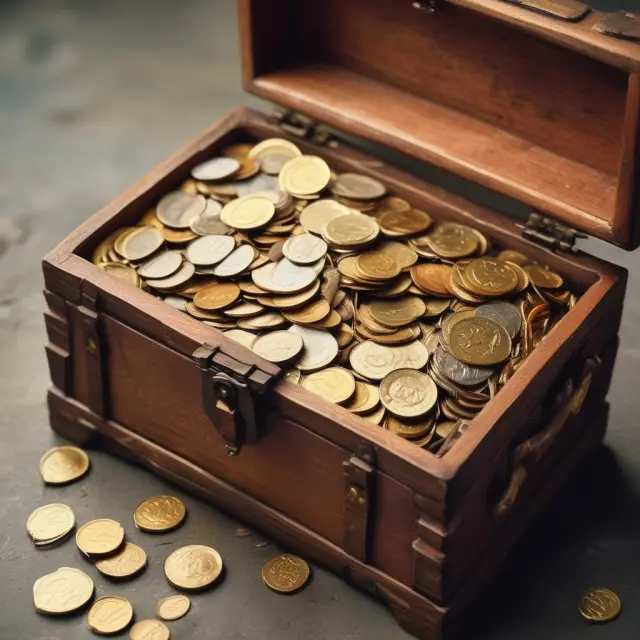 A treasure chest overflowing with golden coins representing a surplus in an overfunded pension plan