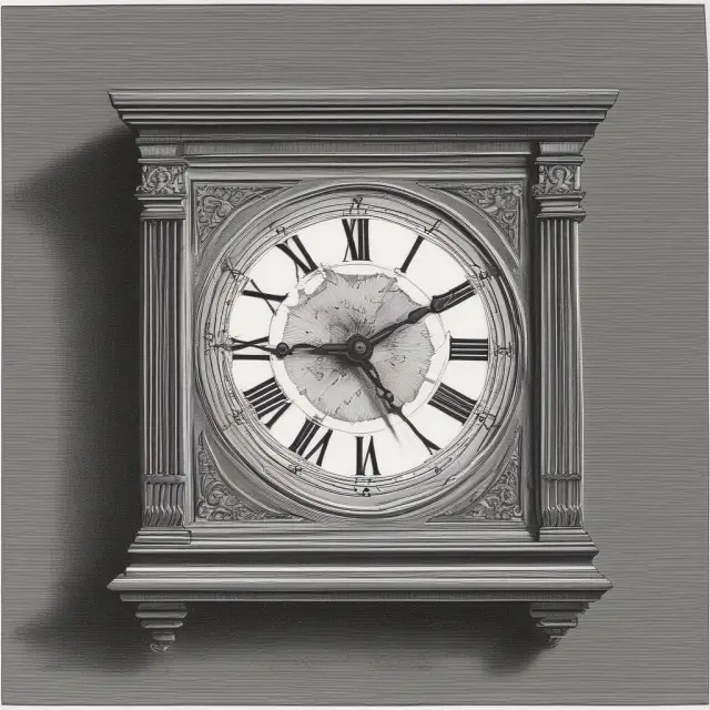A large, intricately designed clock with gears representing stock options and shares. A time traveler adjusts the clock