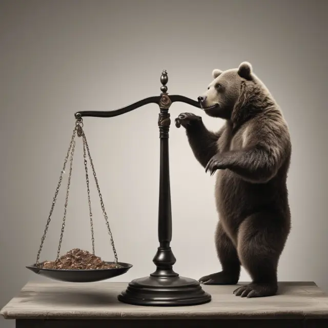 Bear symbolizing institutional investor, standing on a scale with shares causing potential stock price instability
