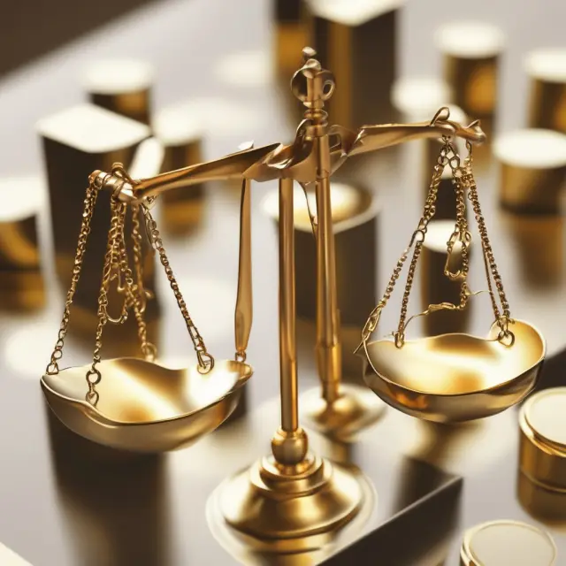 Two golden scales with weighty stocks overhanging. Depicting the concept of stock overhang in finance.