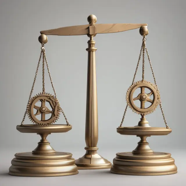 A dual scale balance with interconnected gears turning, illustrating the calculation of overhead rates for direct and indirect costs.