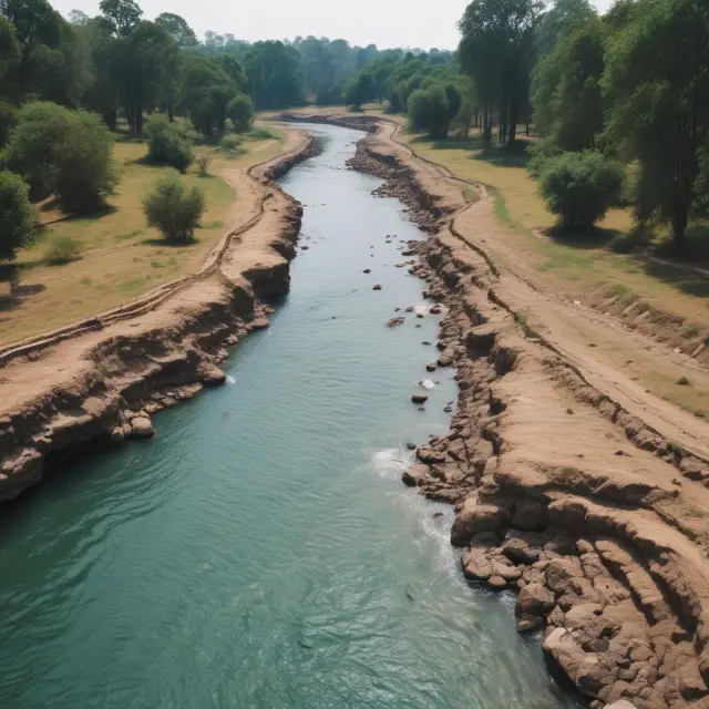 A meandering river represents overhead costs, with fixed costs (riverbed) and indirect costs (tributaries) converging to form the total business expenses