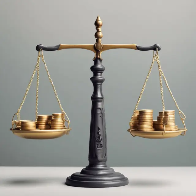 Golden scale with labor costs, balanced against a sandbag scale with overhead costs.