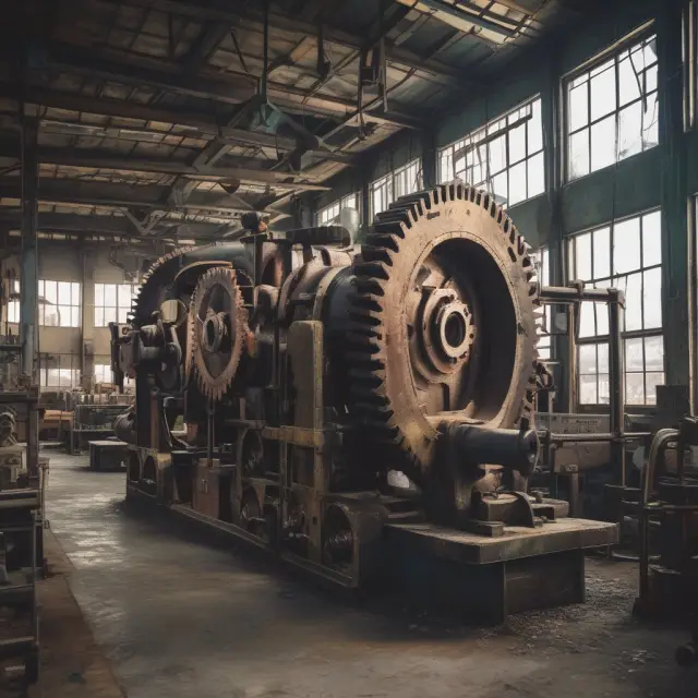 An image of a factory producing gears with an overhead ratio represented as a balance between operating expenses and revenue