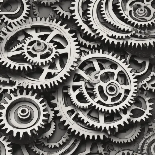 A set of gears in motion represent overhead ratios being calculated, symbolizing a company