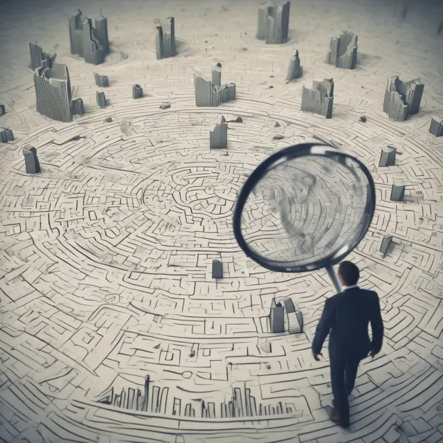 An investor meticulously analyzing overhead costs using a magnifying glass over a complex maze of financial charts