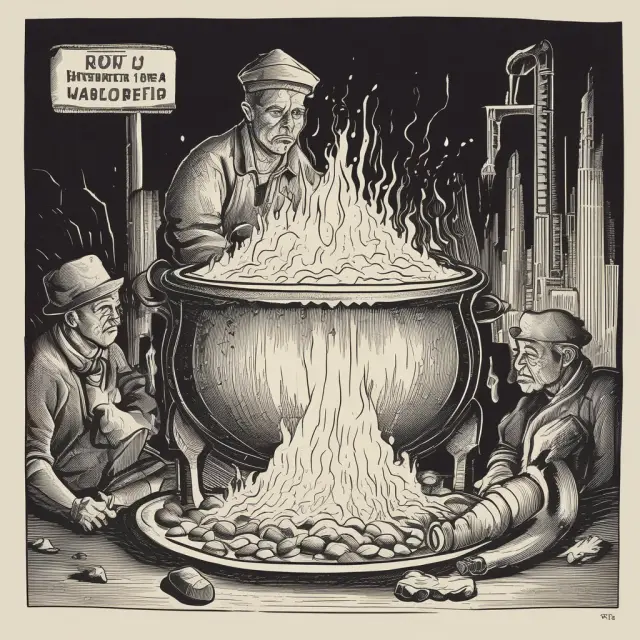 A boiling cauldron signifies an overheated economy with high inflation rates, while a worker represents low unemployment rates