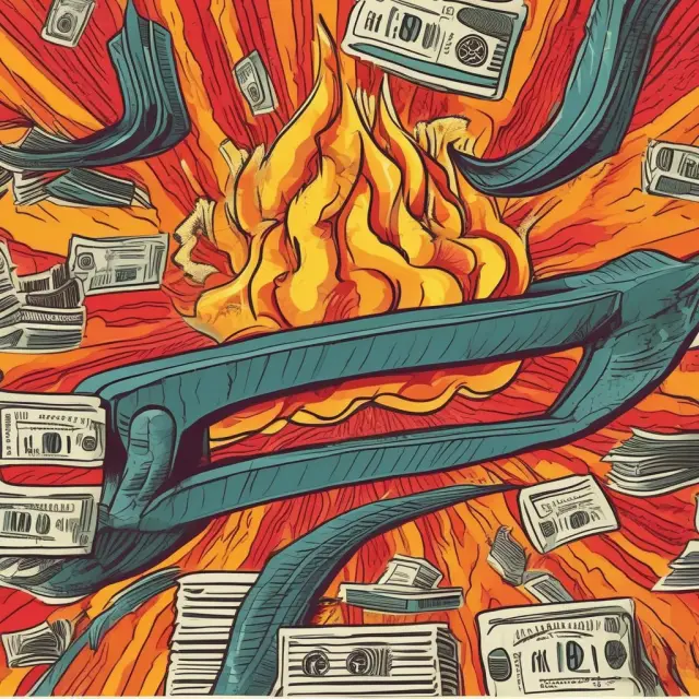 A raging fire symbolizing inflation amidst an overheated economy, emphasizing the surge in goods and services