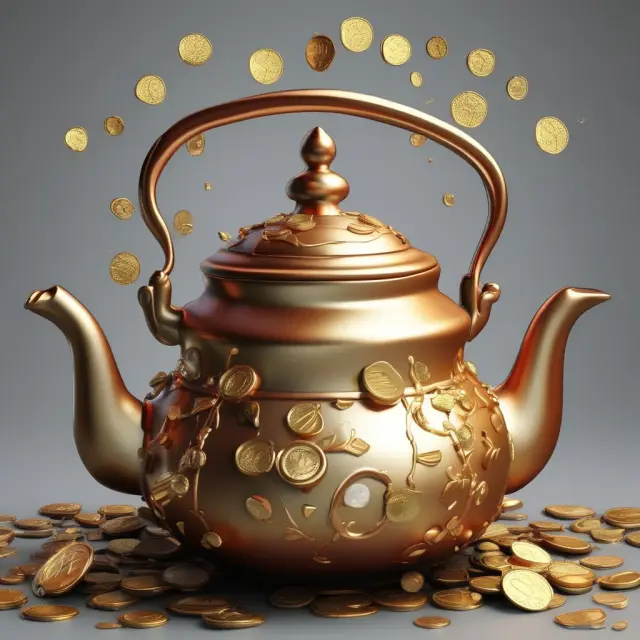 Golden teapot overflowing with coins and stock ticker symbols indicating an overheating economy