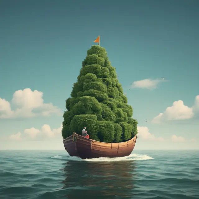 An image of an investor sailing a boat with oversized hedges, symbolizing misjudged hedge sizes and the potential risks of over-hedging