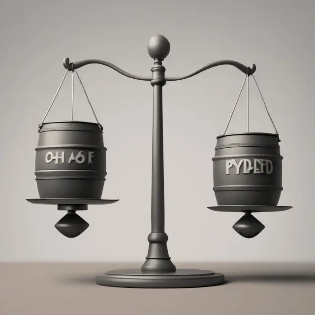 Natural gas barrel on one pan of a scale against a futures contract in the other pan, demonstrating the comparison between proper hedging and over-hedging