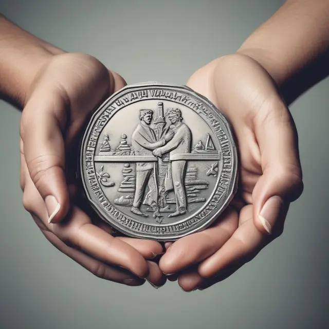 Three intertwined hands struggling with a cracking coin, representing the shared financial burden and potential competition among municipalities involved in overlapping debt.