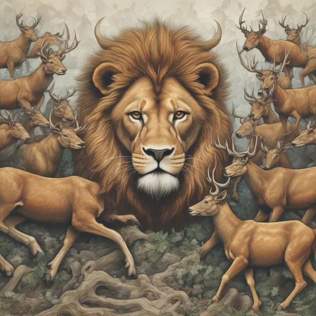 Centralized lion efficiently managing resources, contrasting with fragmented deer competing for them