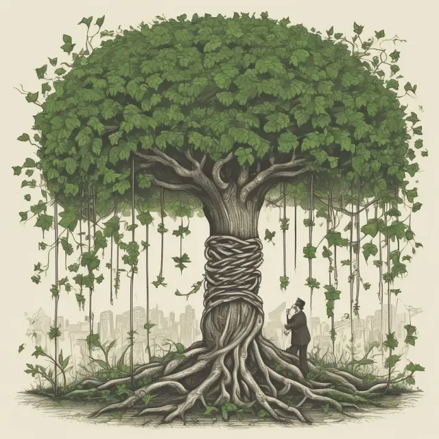 An illustration of two governments connected by a vine, representing overlapping debt, with one government struggling while the other flourishes.