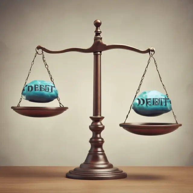 Two scales balanced on a fulcrum: One side holds a pile of gold coins (equity), while the other side bears a stack of silver coins (debt).
