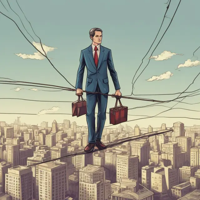 A business balances on a tightrope, representing the fine line between financial solvency and bankruptcy. Creditors are shown below, while lenders are above.