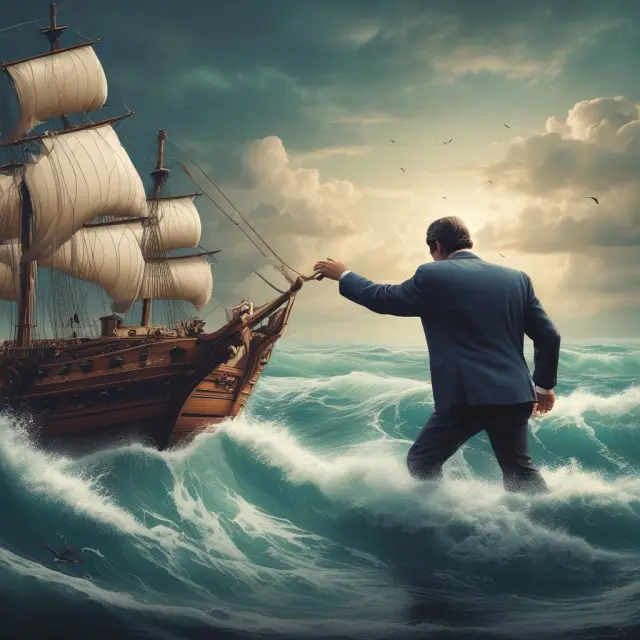 Business in financial turmoil due to overleveraging, with two waves symbolizing excessive borrowing and insufficient planning