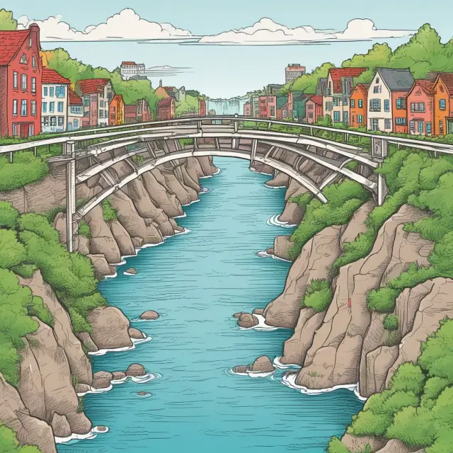 A stable bridge symbolizing sound business planning crossing turbulent waters representing unpredictable finances