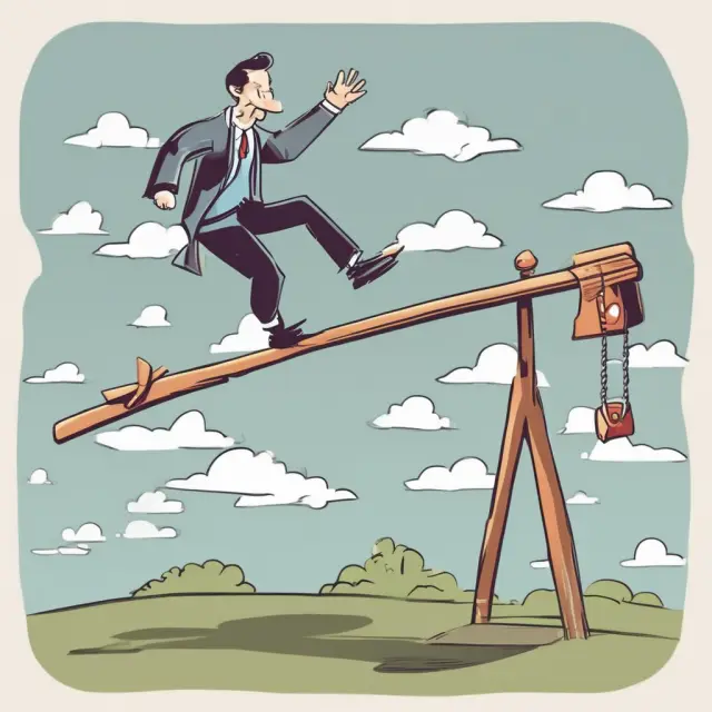 A skilled performer precariously balances on a seesaw, symbolizing debt (left) and equity (right), representing effective financial management.