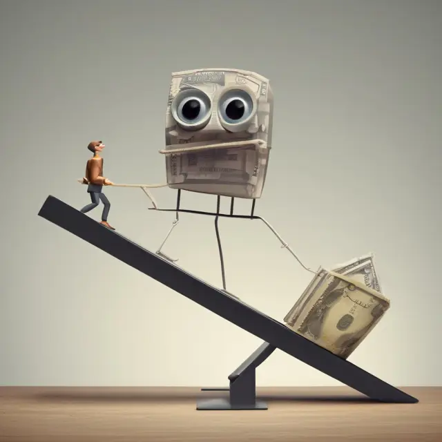 Seesaw representing financial balance, with a person on one side symbolizing exceeded credit limit and potential fees