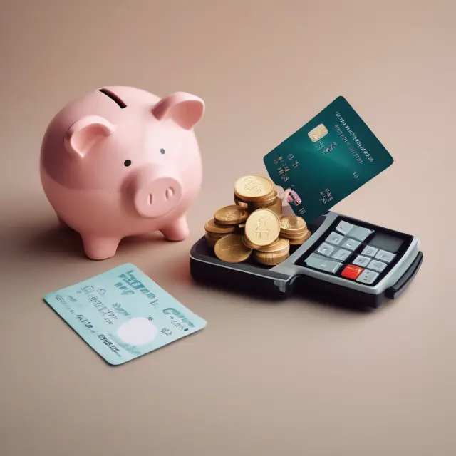 Person comparing a piggy bank and a credit card, demonstrating alternative methods of managing finances without over-limit fees