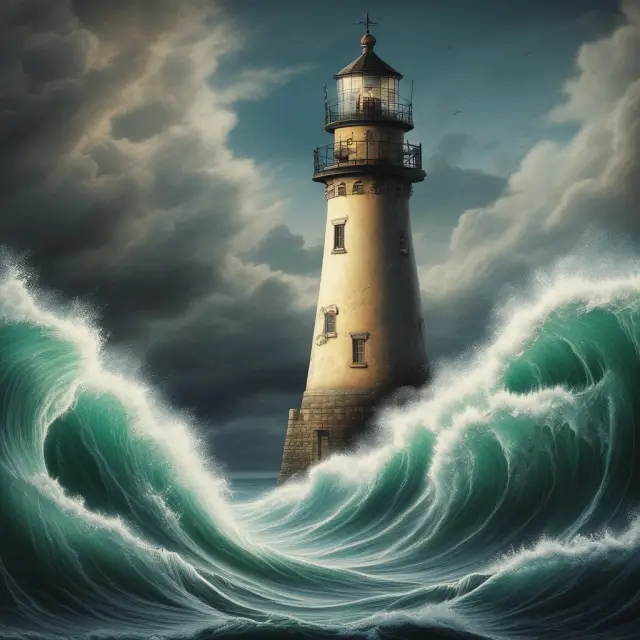 A lighthouse stands tall, symbolizing state insurance regulators, watching over a sea of ships representing insurers, ensuring they maintain balance in managing over-lines.